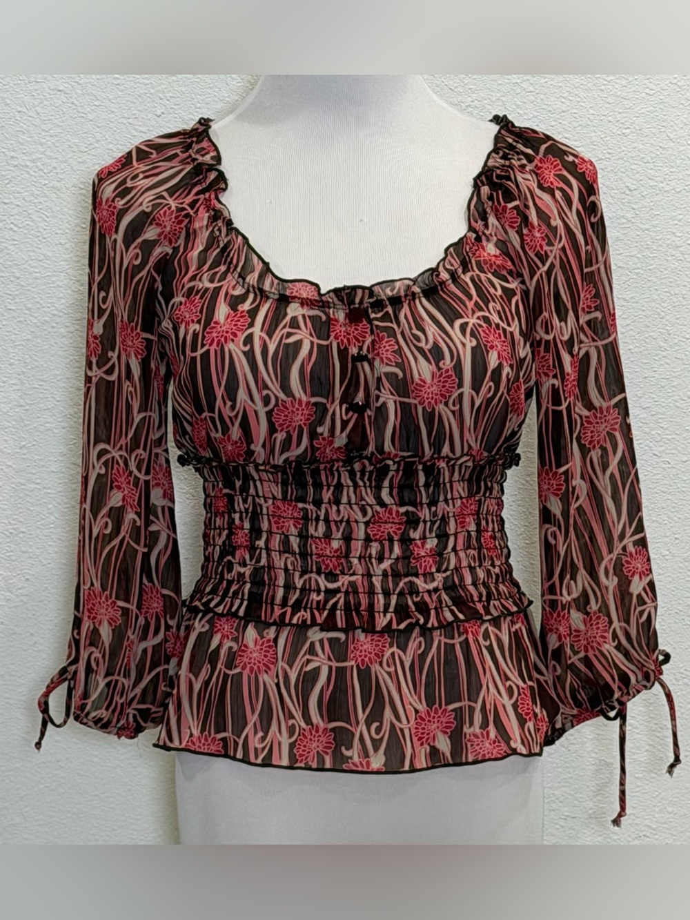 Candie’s Vintage Y2K Sheer Floral Top Small Brown Pink Peasant Fairy Boho Grunge